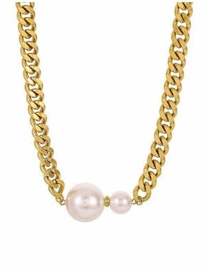 Gold Cuban Link Chain Necklace with Pearl Accent